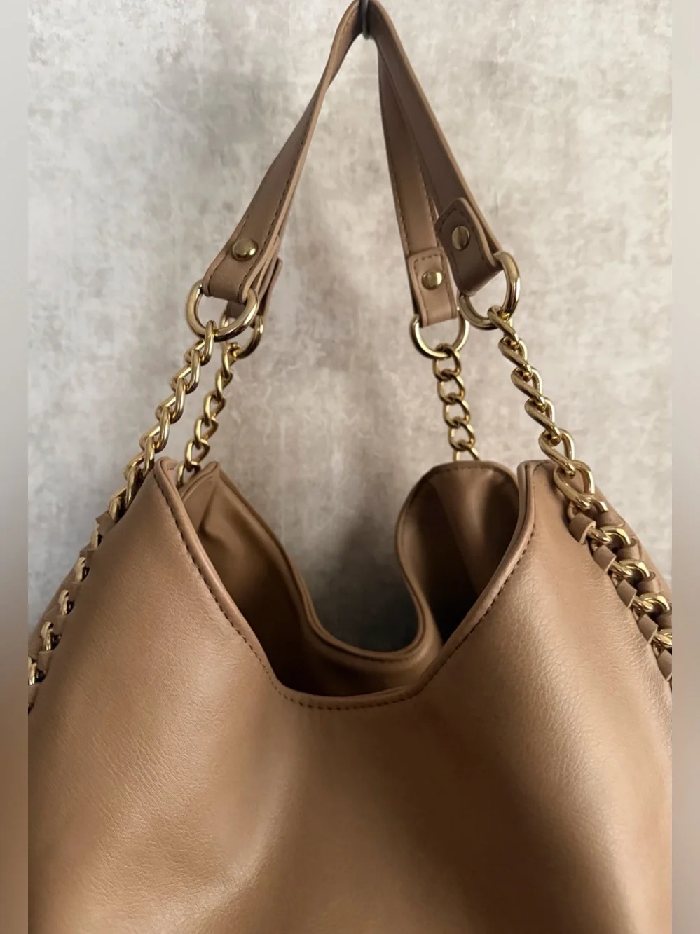 Bebe Colette Triple Entry Beige Hobo Shoulder Bag Gold Chain Accents Purse Tote